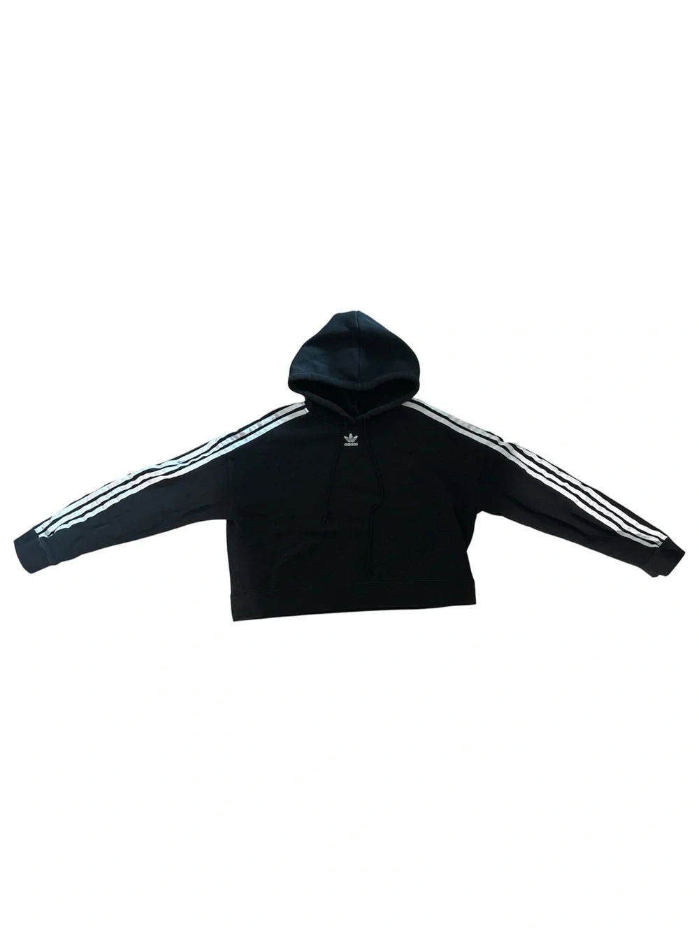 adidas Black Crop Hoodie with White Sleeve Stripes